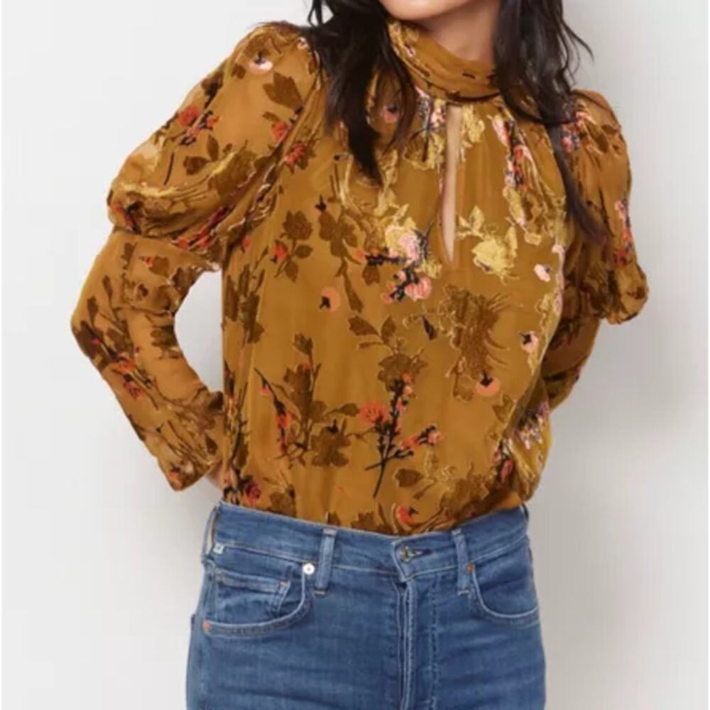 Floral Keyhole Neck Puff-Sleeve Blouse - Mustard